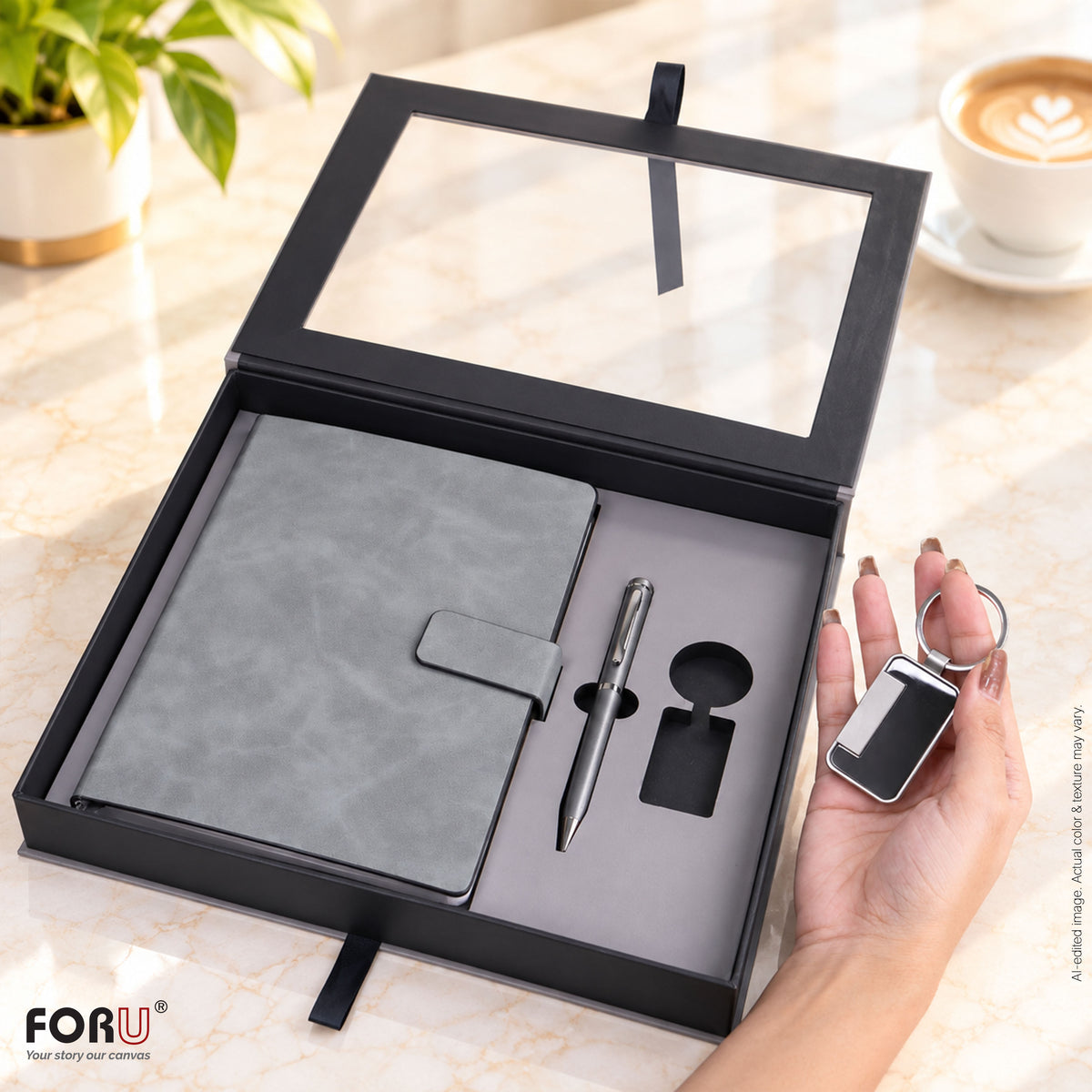 3 in 1 Gift Set | A5 Notebook, Grey Pen & Metal Keychain | Gift for Men Women