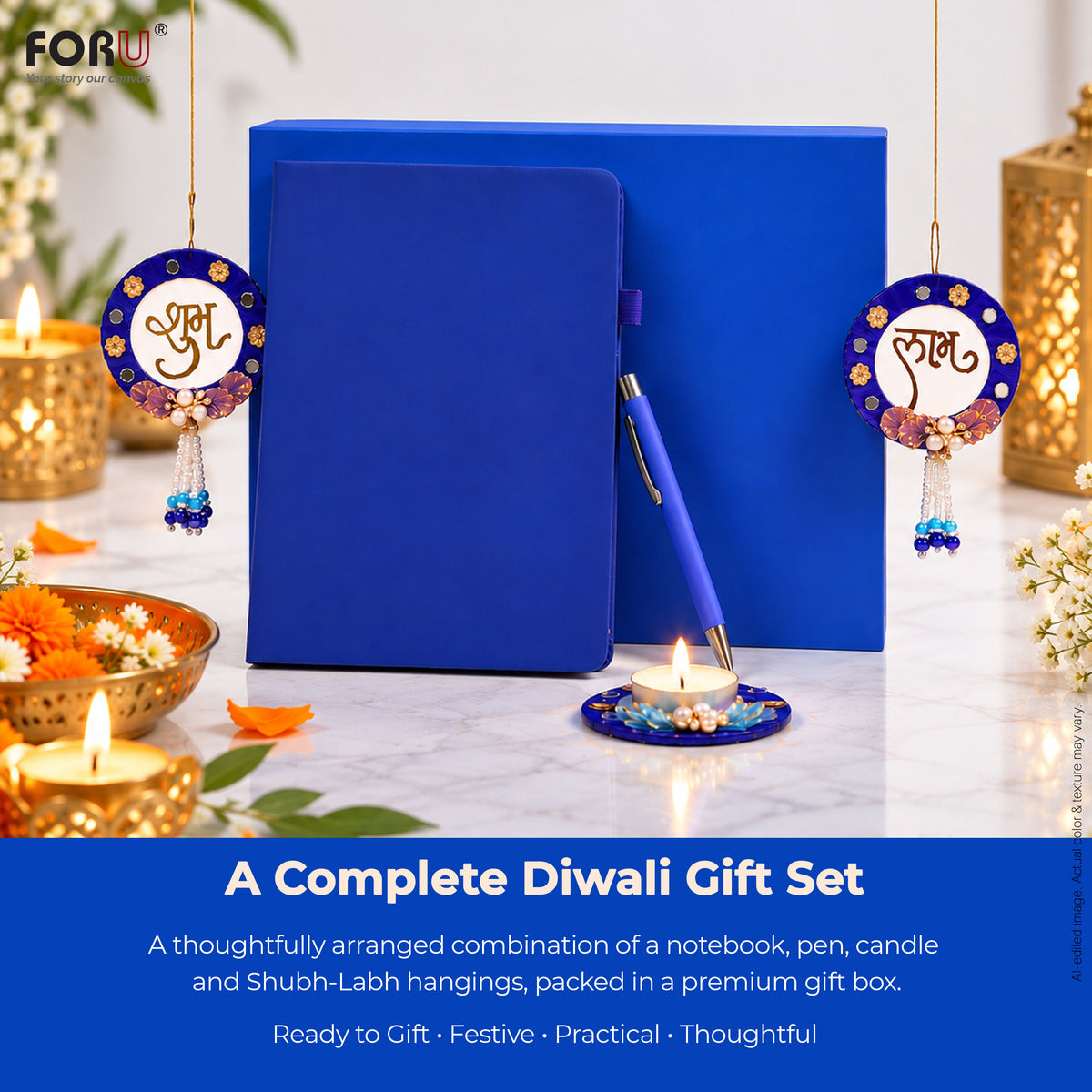 4 in 1 Diwali Gift Set | A5 Notebook, Stylus Pen, Subh Labh hanging & Decorative Candle