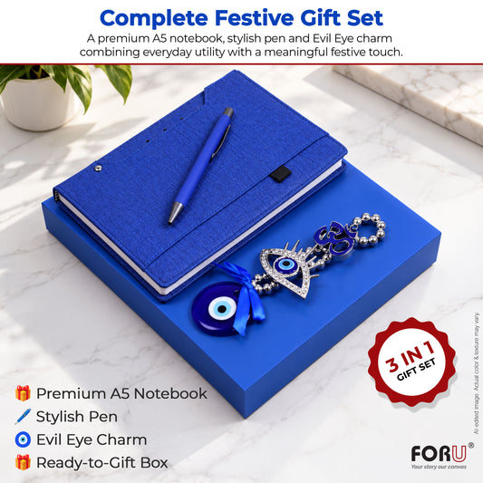 3 in 1 Gift Set | A5 Blue Notebook, Stylus Pen & Evil Eye Charm