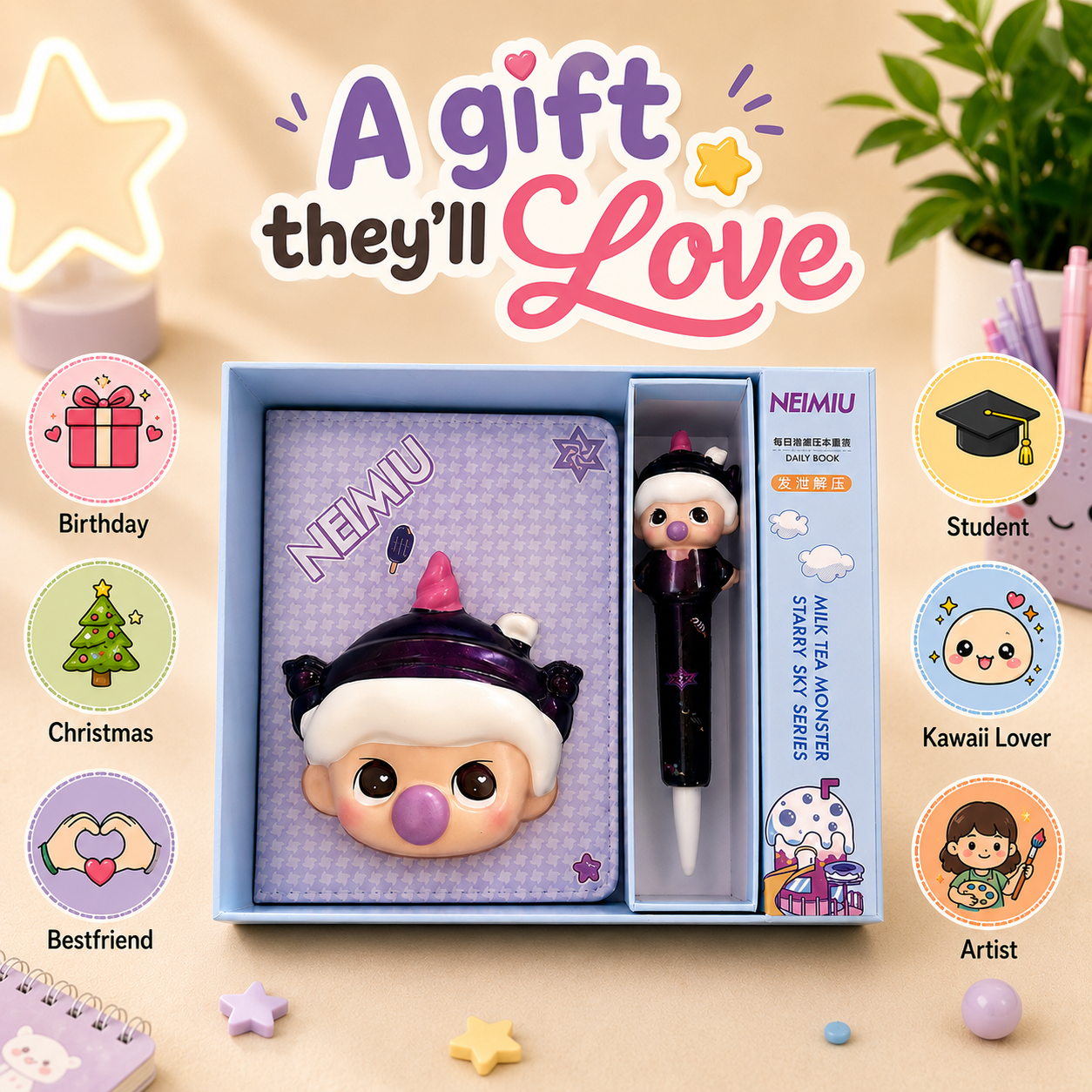 Cute Kawaii Diary & Pen Gift Set with 3D Squishy Cartoon Character