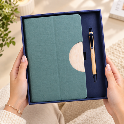 2 in 1 Gift Set | Green A5 Notebook & Bamboo Finish Pen | Diwali Gift