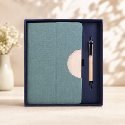 2 in 1 Gift Set | Green A5 Notebook & Bamboo Finish Pen | Diwali Gift