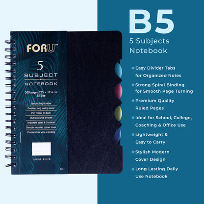 5 Subject B5 Notebook Ruled – 300 Pages Spiral Notebook with Dividers & Pen Holder