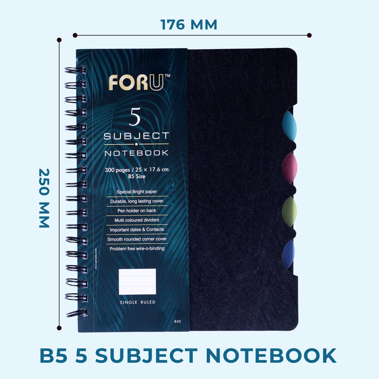 5 Subject B5 Notebook Ruled – 300 Pages Spiral Notebook with Dividers & Pen Holder