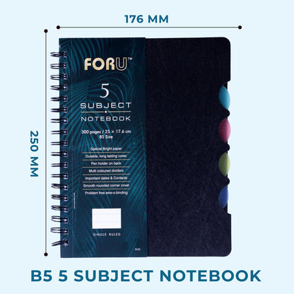 5 Subject B5 Notebook Ruled – 300 Pages Spiral Notebook with Dividers & Pen Holder