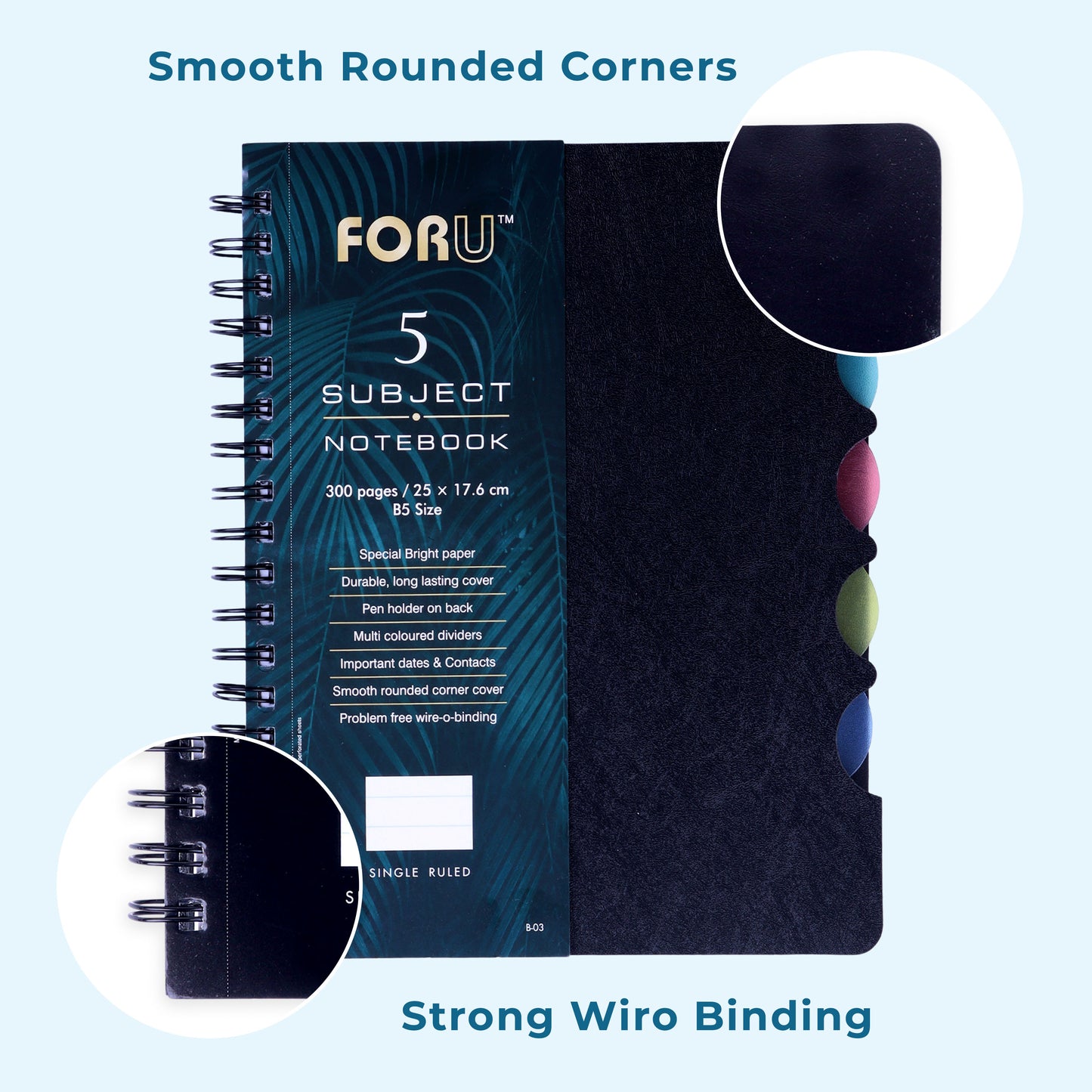 5 Subject B5 Notebook Ruled – 300 Pages Spiral Notebook with Dividers & Pen Holder