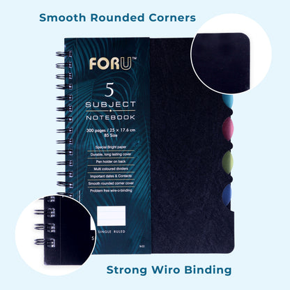 5 Subject B5 Notebook Ruled – 300 Pages Spiral Notebook with Dividers & Pen Holder