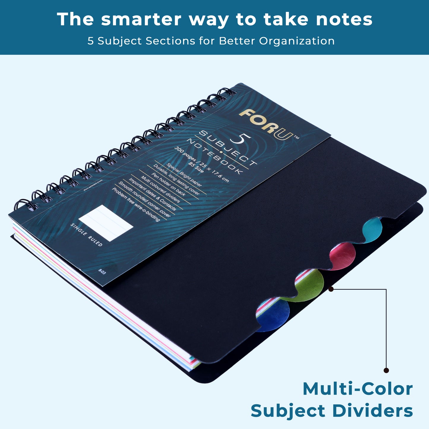 5 Subject B5 Notebook Ruled – 300 Pages Spiral Notebook with Dividers & Pen Holder