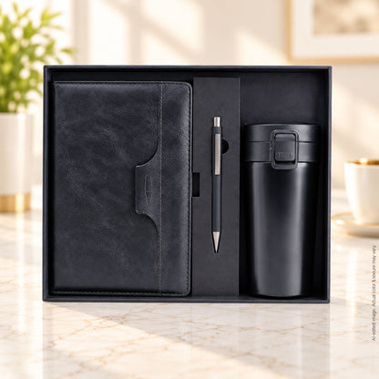3 in 1 Gift Set | A5 Black Notebook, Matte Black Pen & Sipper Bottle