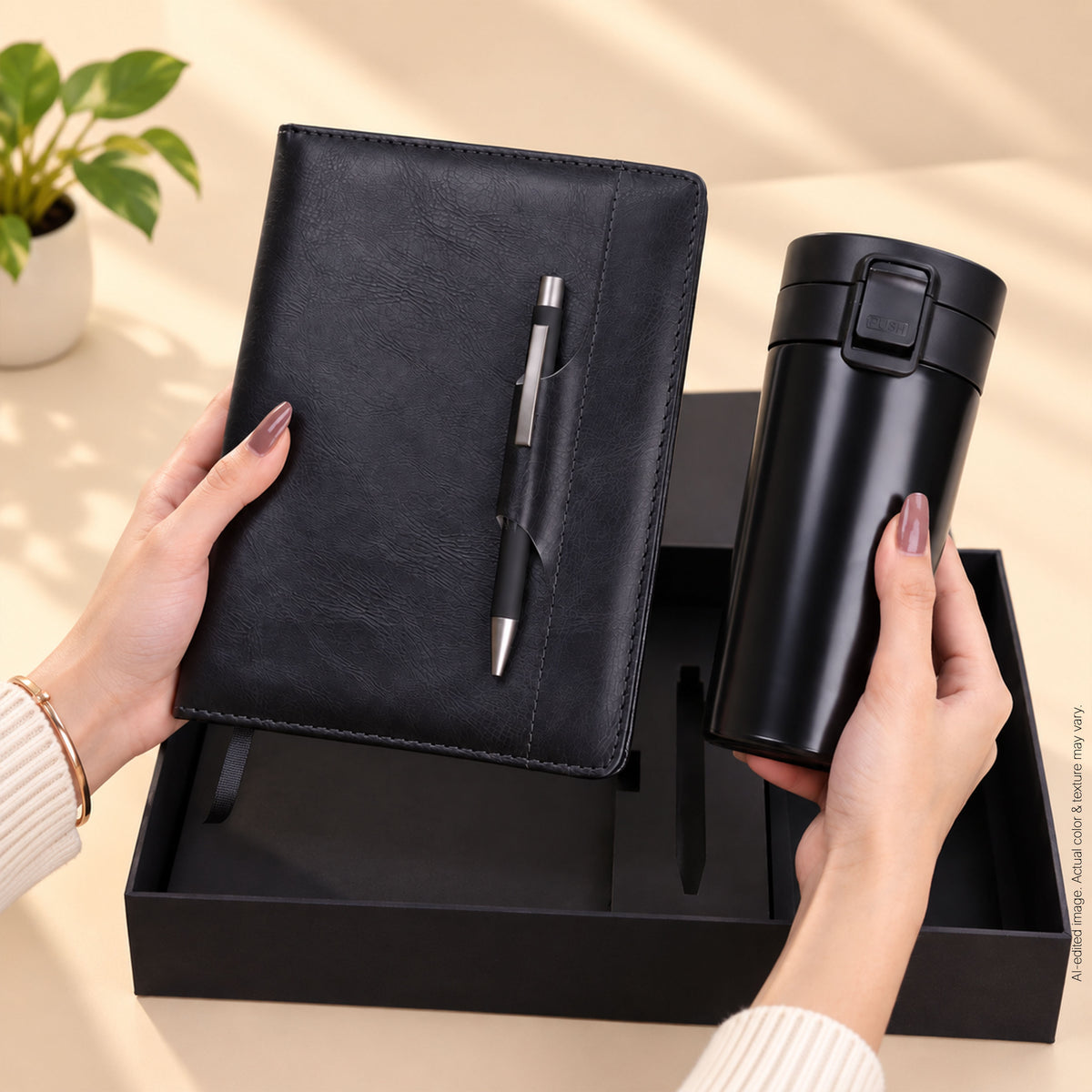 3 in 1 Gift Set | A5 Black Notebook, Matte Black Pen & Sipper Bottle