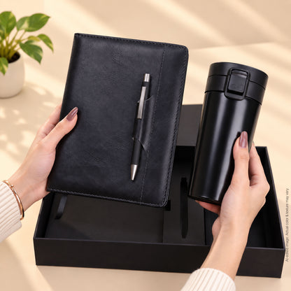 3 in 1 Gift Set | A5 Black Notebook, Matte Black Pen & Sipper Bottle