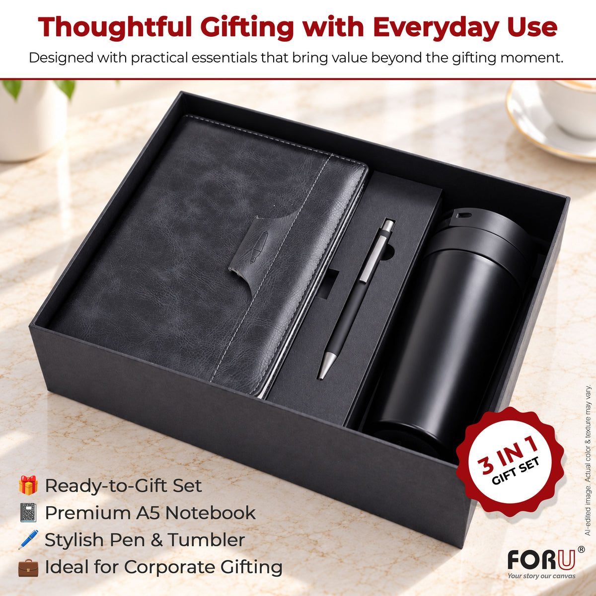 3 in 1 Gift Set | A5 Black Notebook, Matte Black Pen & Sipper Bottle