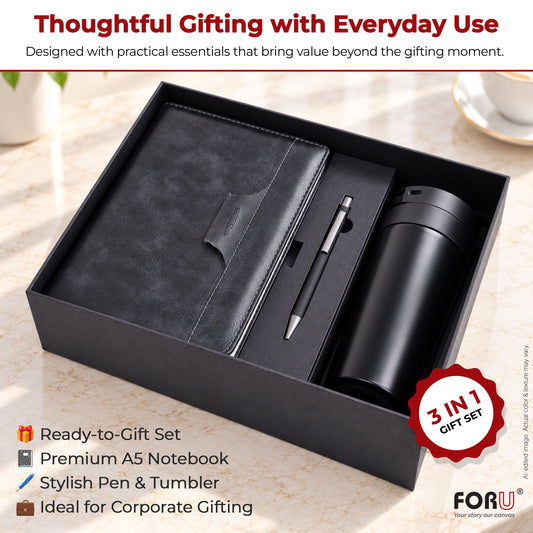 3 in 1 Gift Set | A5 Black Notebook, Matte Black Pen & Sipper Bottle