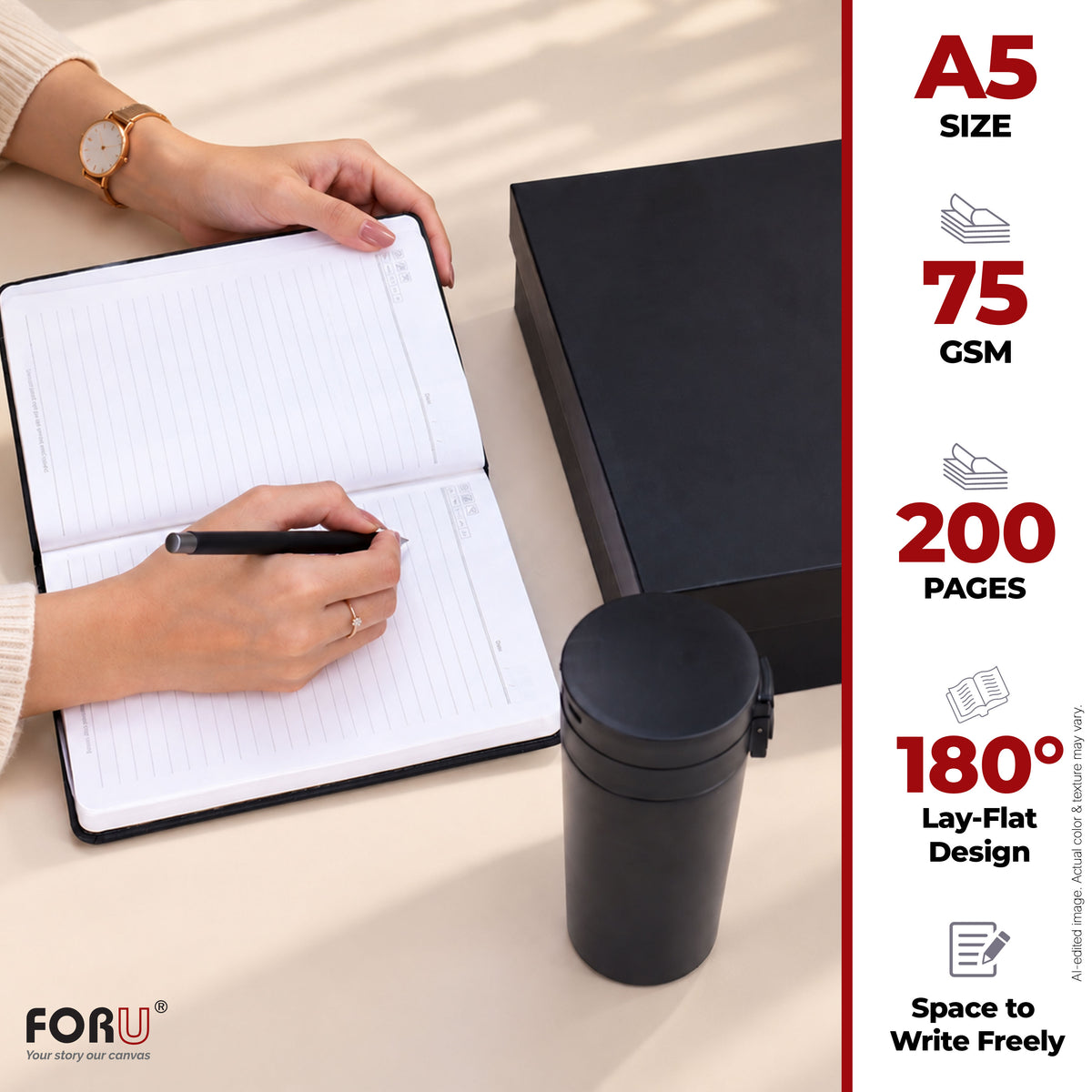 3 in 1 Gift Set | A5 Black Notebook, Matte Black Pen & Sipper Bottle