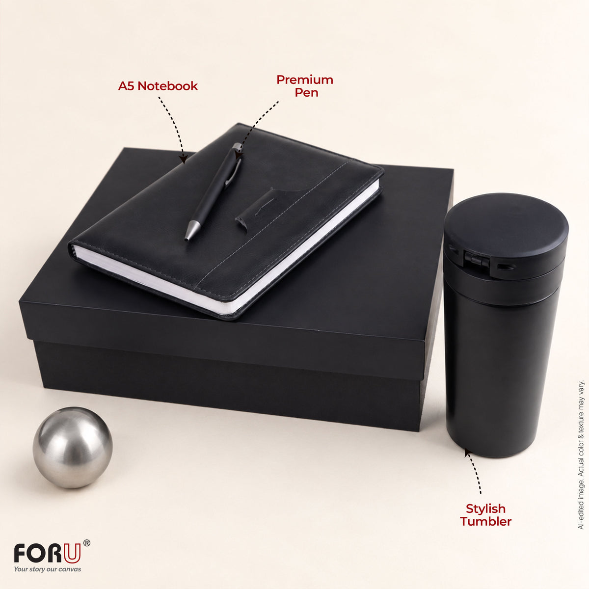3 in 1 Gift Set | A5 Black Notebook, Matte Black Pen & Sipper Bottle