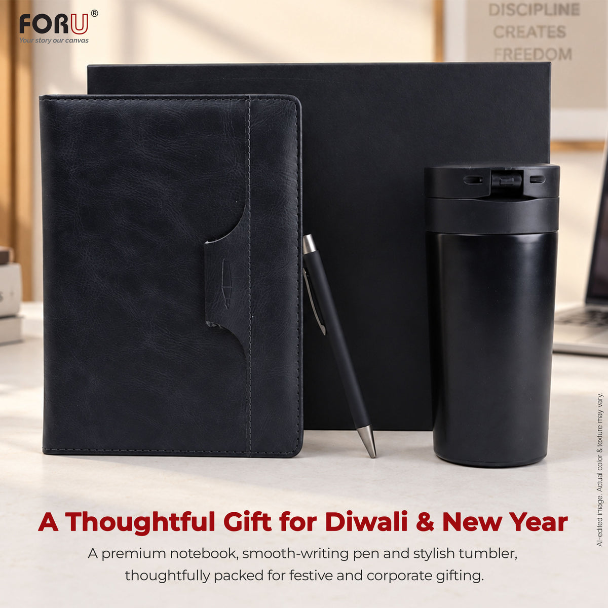 3 in 1 Gift Set | A5 Black Notebook, Matte Black Pen & Sipper Bottle