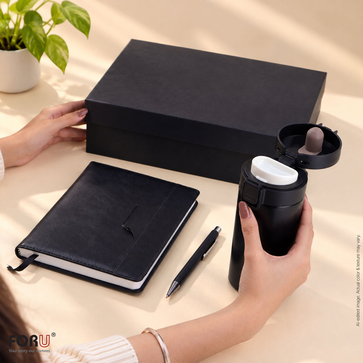 3 in 1 Gift Set | A5 Black Notebook, Matte Black Pen & Sipper Bottle
