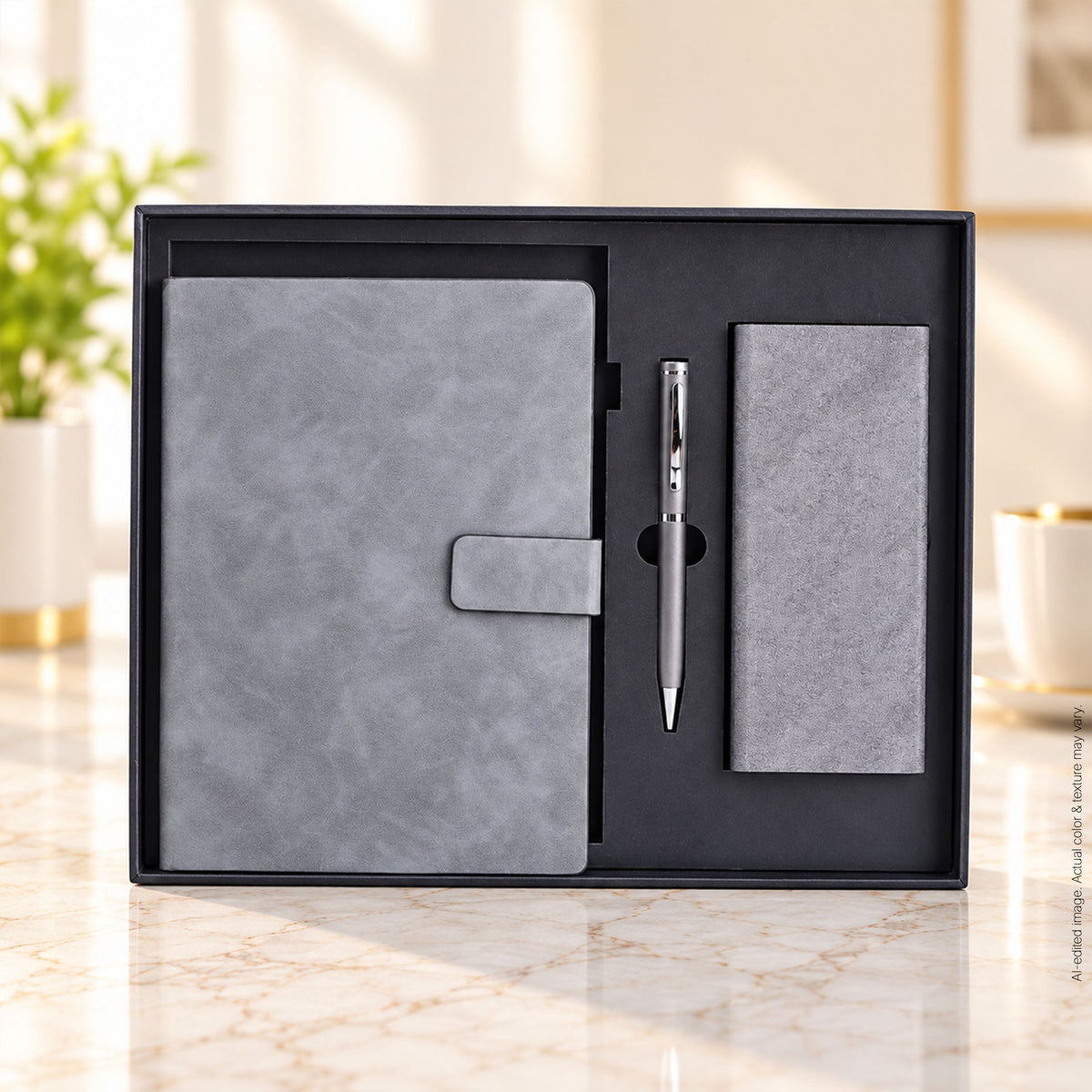 3 in 1 Gift Set | A5 Grey Notebook, Pen & LED Wooden Clock