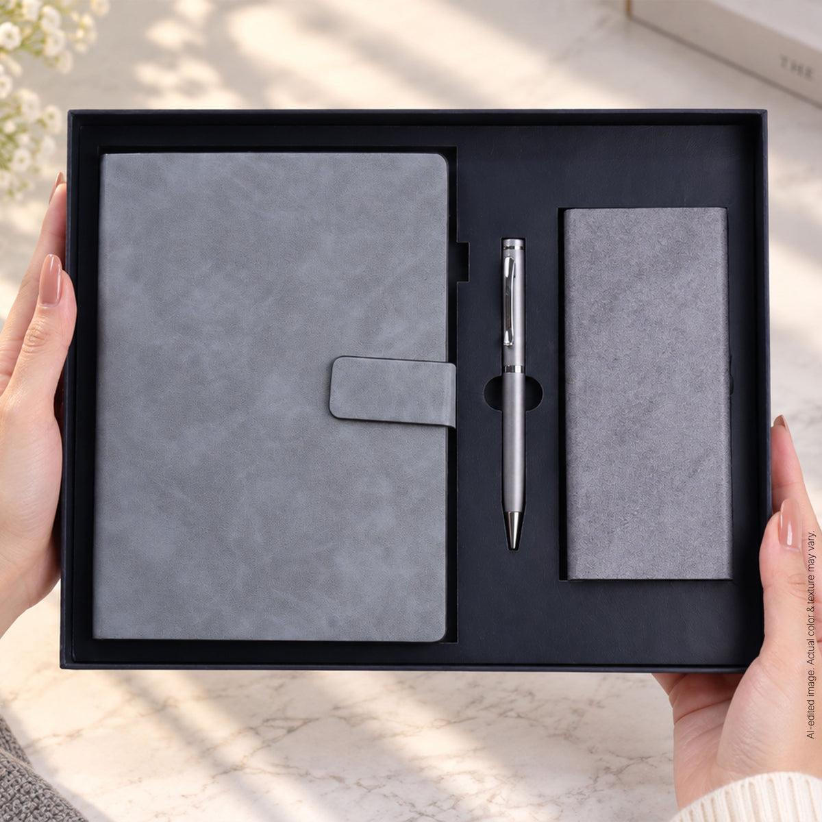 3 in 1 Gift Set | A5 Grey Notebook, Pen & LED Wooden Clock