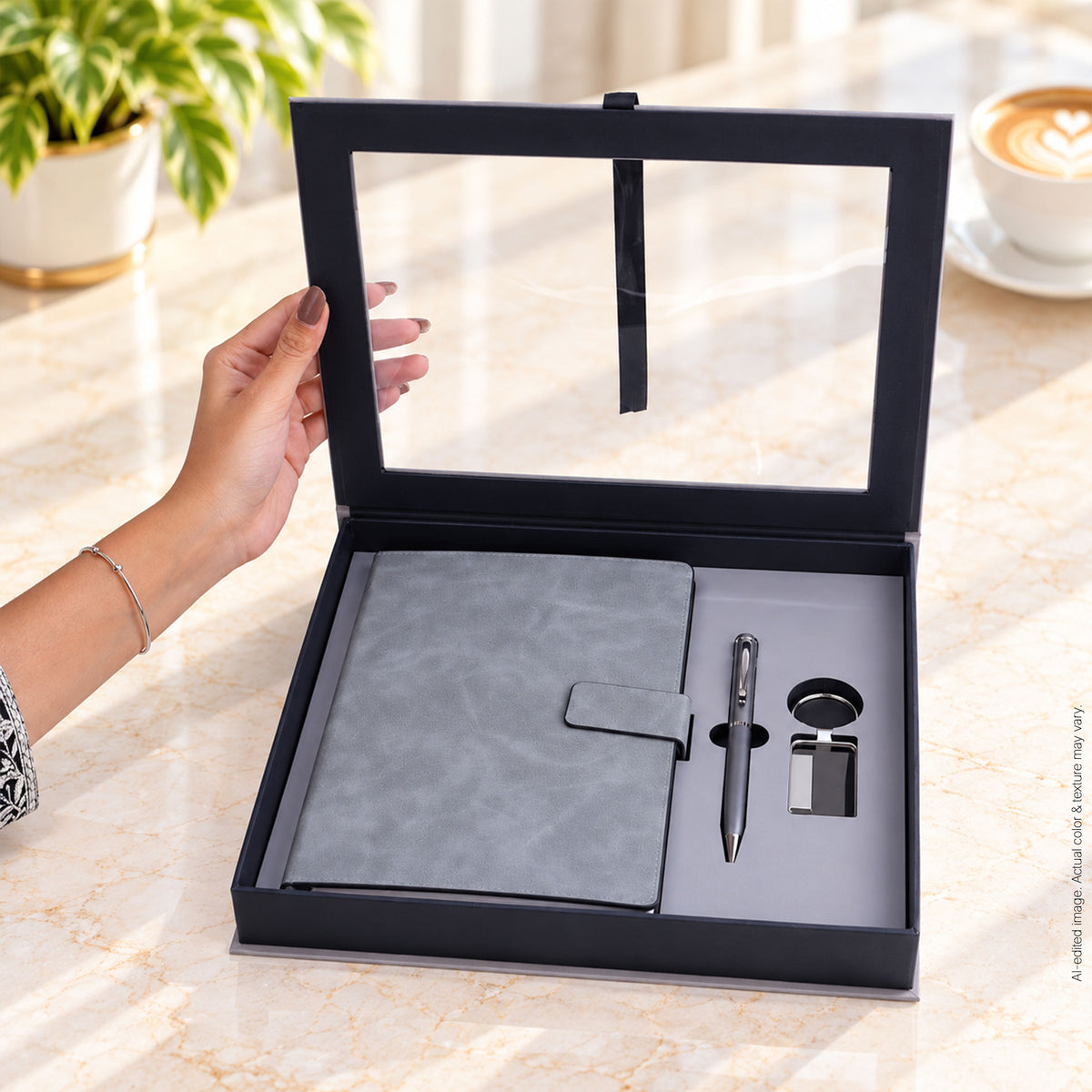 3 in 1 Gift Set | A5 Notebook, Grey Pen & Metal Keychain | Gift for Men Women