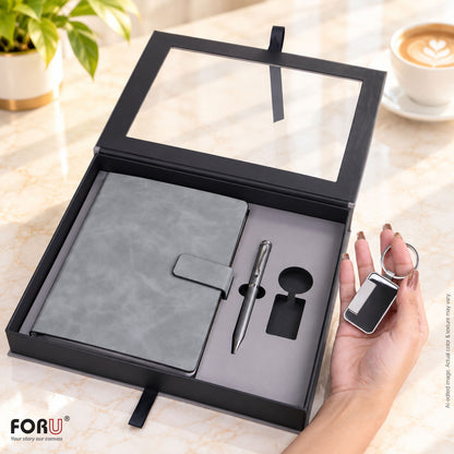 3 in 1 Gift Set | A5 Notebook, Grey Pen & Metal Keychain | Gift for Men Women