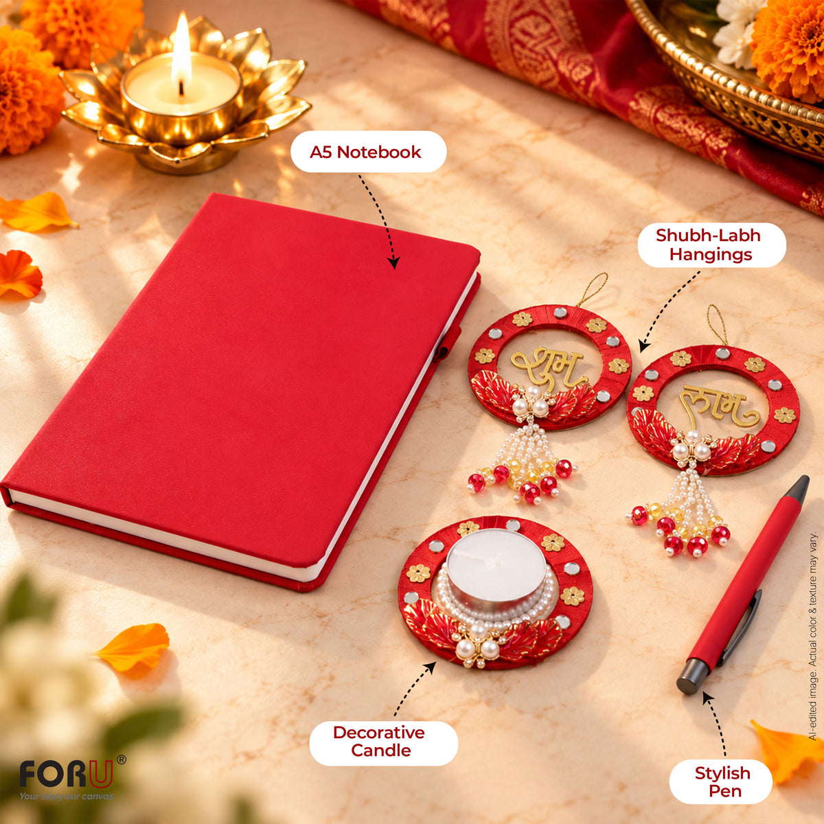 4 in 1 Diwali Gift Set | A5 Notebook, Stylus Pen, Subh Labh hanging & Decorative Candle (Copy)
