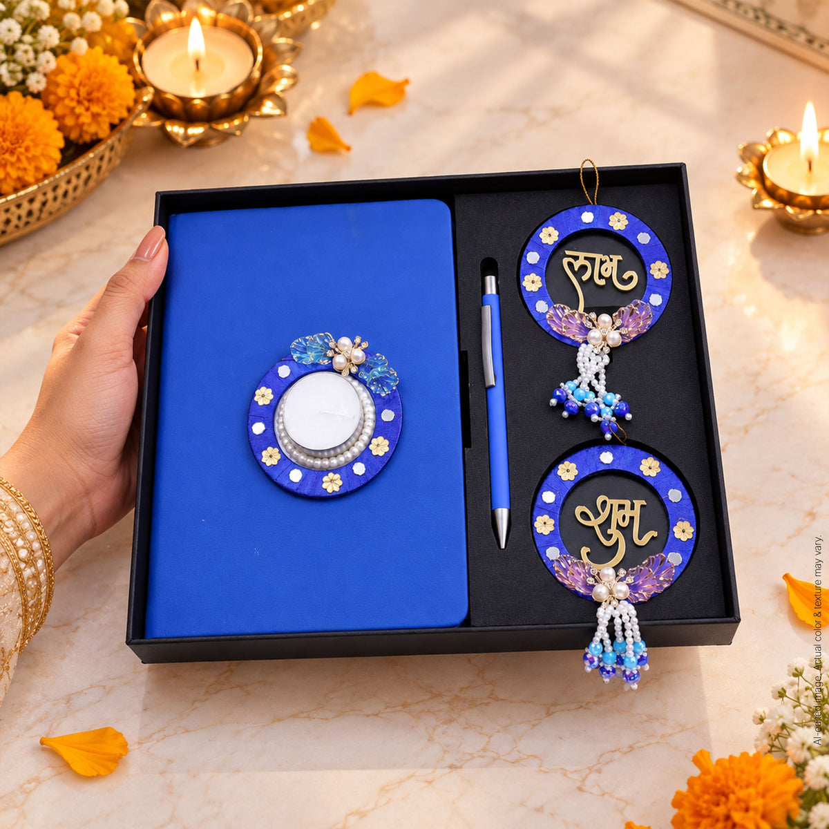 4 in 1 Diwali Gift Set | A5 Notebook, Stylus Pen, Subh Labh hanging & Decorative Candle