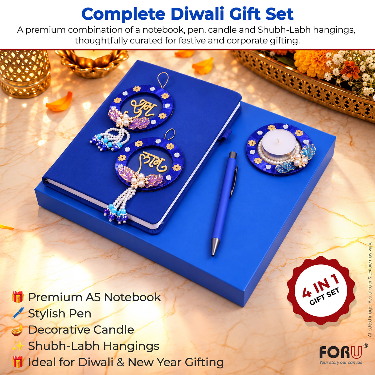 4 in 1 Diwali Gift Set | A5 Notebook, Stylus Pen, Subh Labh hanging & Decorative Candle