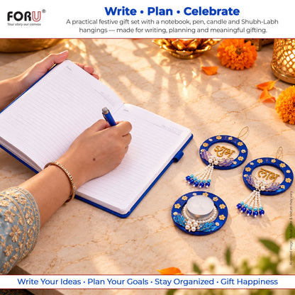 4 in 1 Diwali Gift Set | A5 Notebook, Stylus Pen, Subh Labh hanging & Decorative Candle