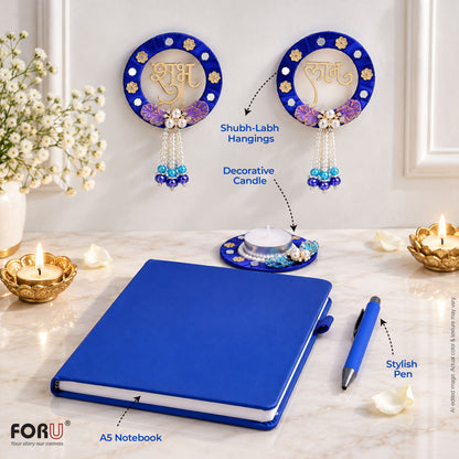 4 in 1 Diwali Gift Set | A5 Notebook, Stylus Pen, Subh Labh hanging & Decorative Candle