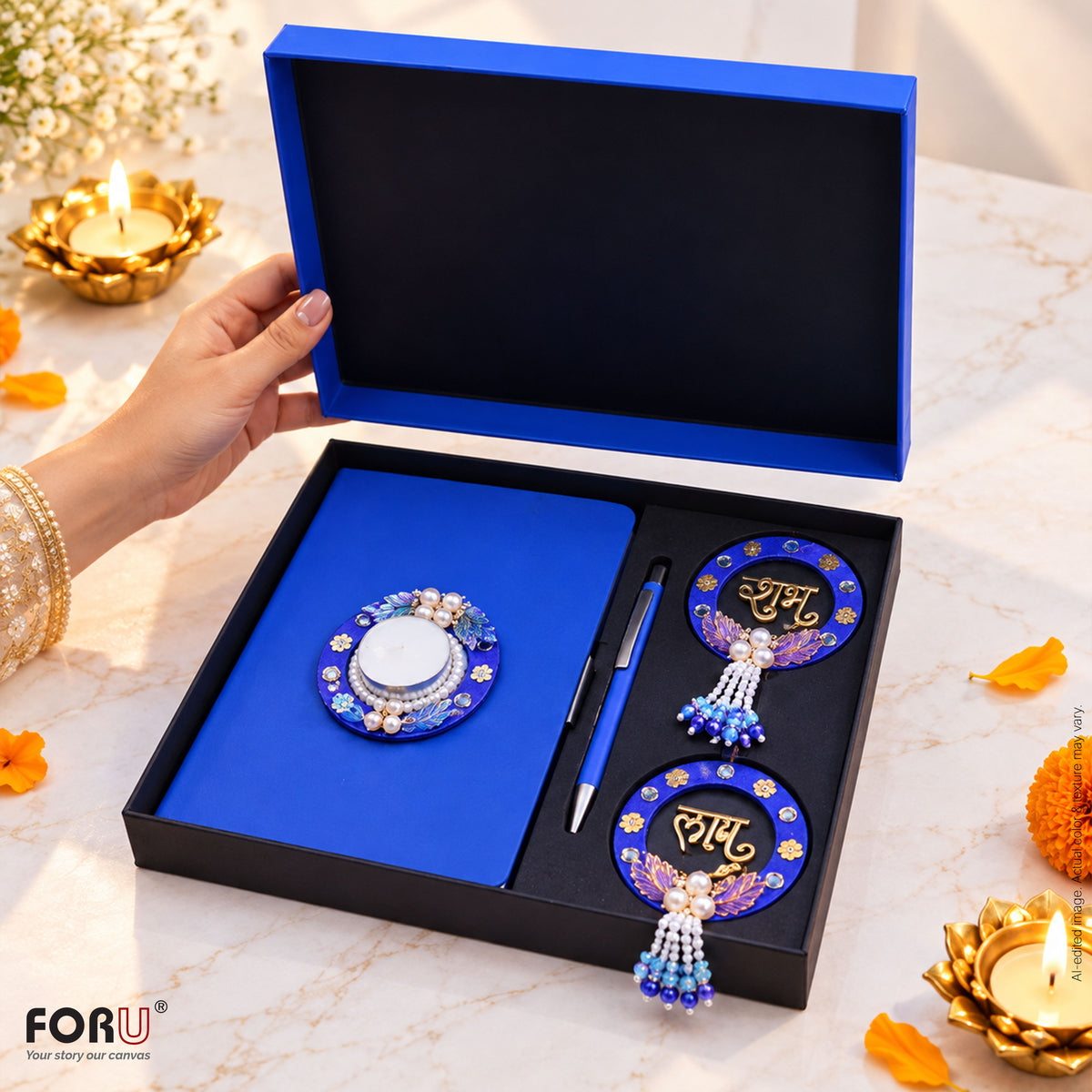 4 in 1 Diwali Gift Set | A5 Notebook, Stylus Pen, Subh Labh hanging & Decorative Candle