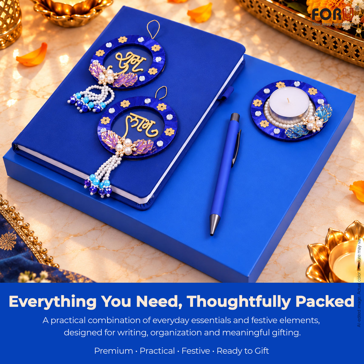 4 in 1 Diwali Gift Set | A5 Notebook, Stylus Pen, Subh Labh hanging & Decorative Candle