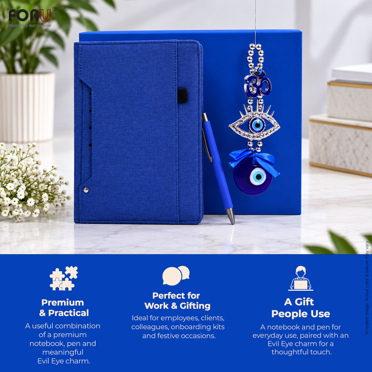 3 in 1 Gift Set | A5 Blue Notebook, Stylus Pen & Evil Eye Charm