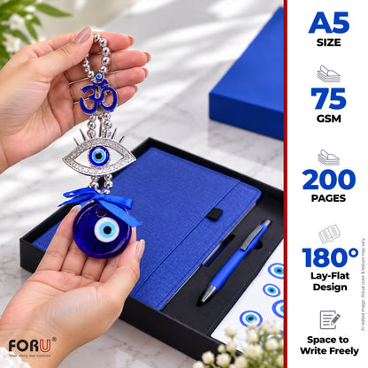 3 in 1 Gift Set | A5 Blue Notebook, Stylus Pen & Evil Eye Charm