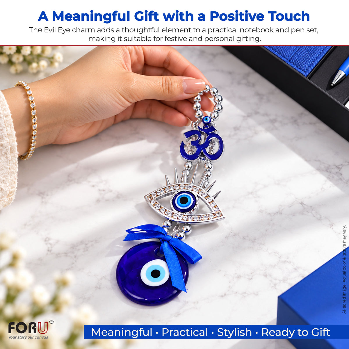 3 in 1 Gift Set | A5 Blue Notebook, Stylus Pen & Evil Eye Charm