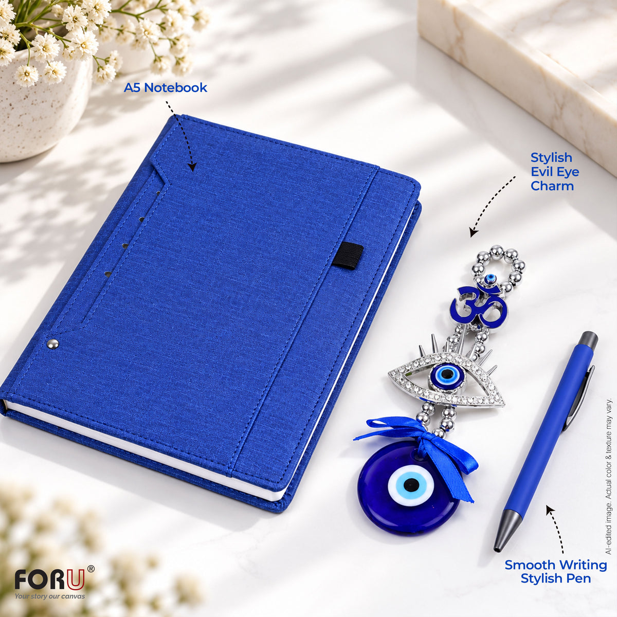 3 in 1 Gift Set | A5 Blue Notebook, Stylus Pen & Evil Eye Charm