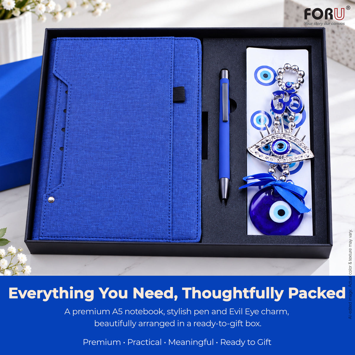 3 in 1 Gift Set | A5 Blue Notebook, Stylus Pen & Evil Eye Charm