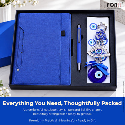 3 in 1 Gift Set | A5 Blue Notebook, Stylus Pen & Evil Eye Charm