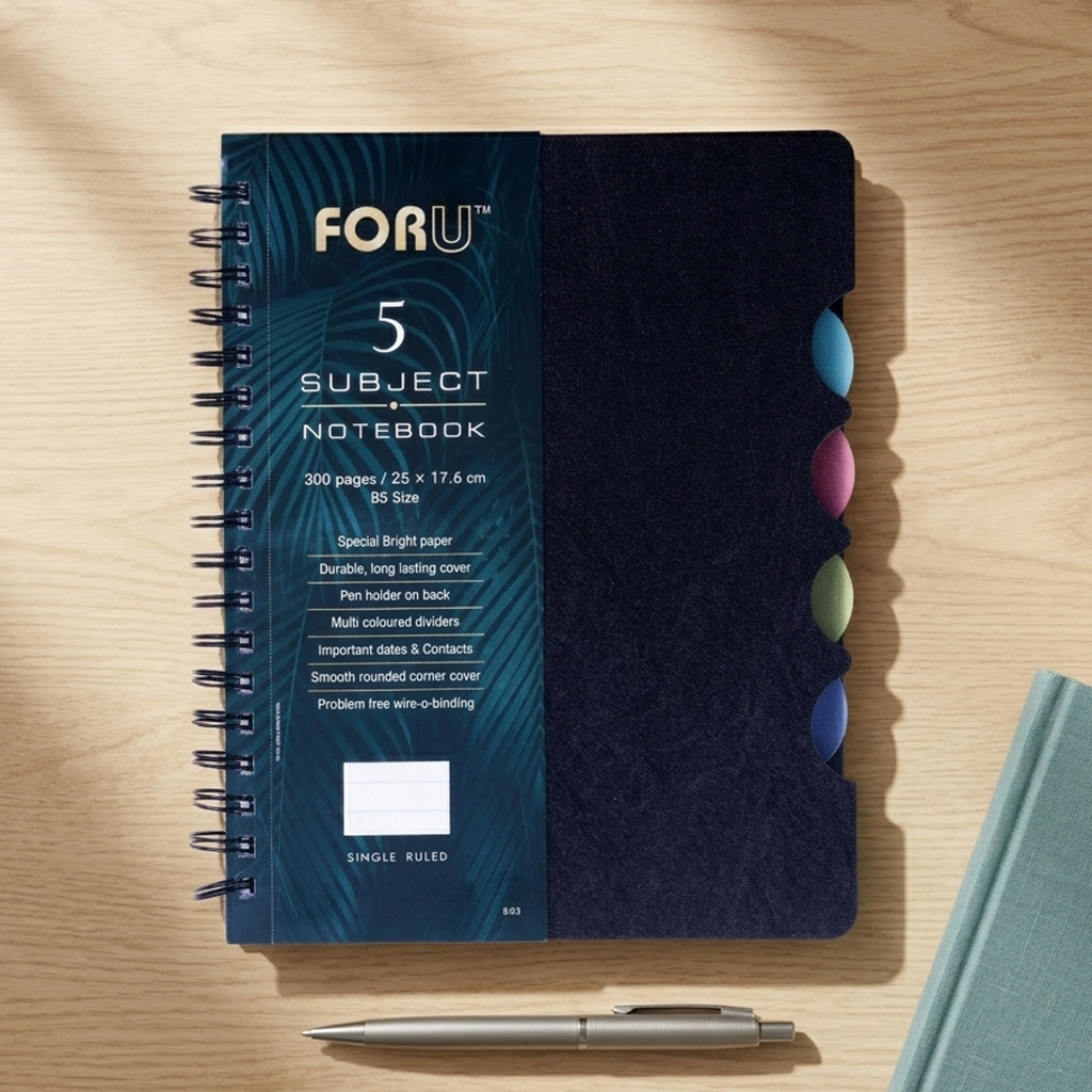 5 Subject B5 Notebook Ruled – 300 Pages Spiral Notebook with Dividers & Pen Holder