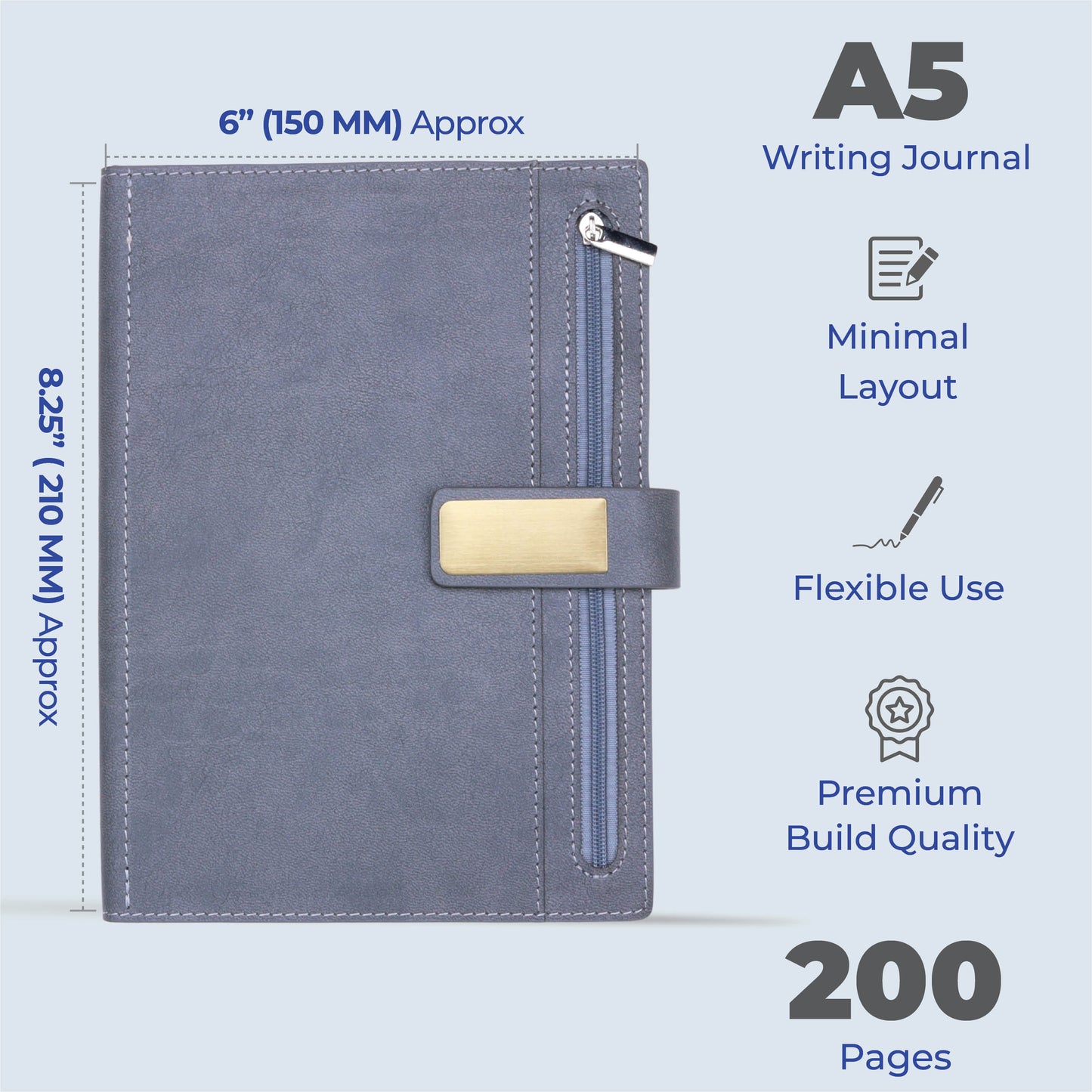 FOR U Elano A5 Zipper Pocket Blank Journal - Grey