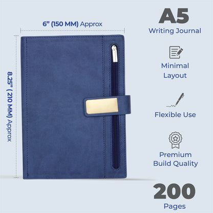FOR U Elano A5 Zipper Pocket Blank Journal - Blue