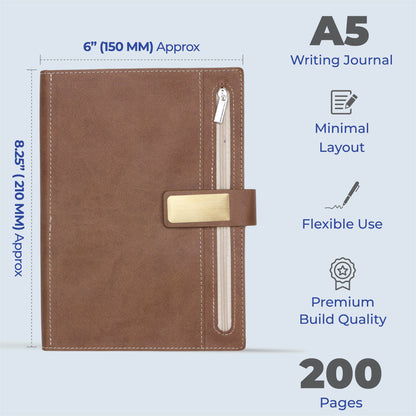 FOR U Elano A5 Zipper Pocket Blank Journal - Brown