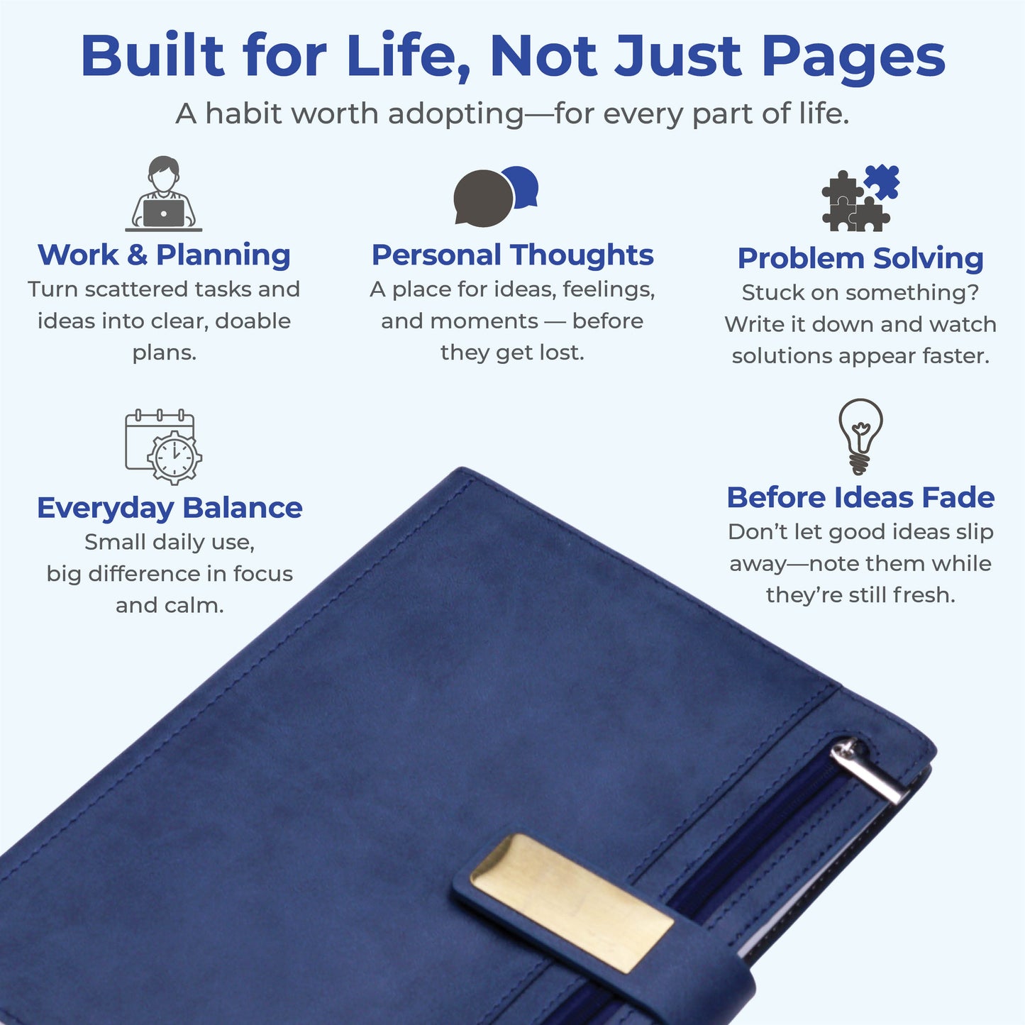 FOR U Elano A5 Zipper Pocket Blank Journal - Blue