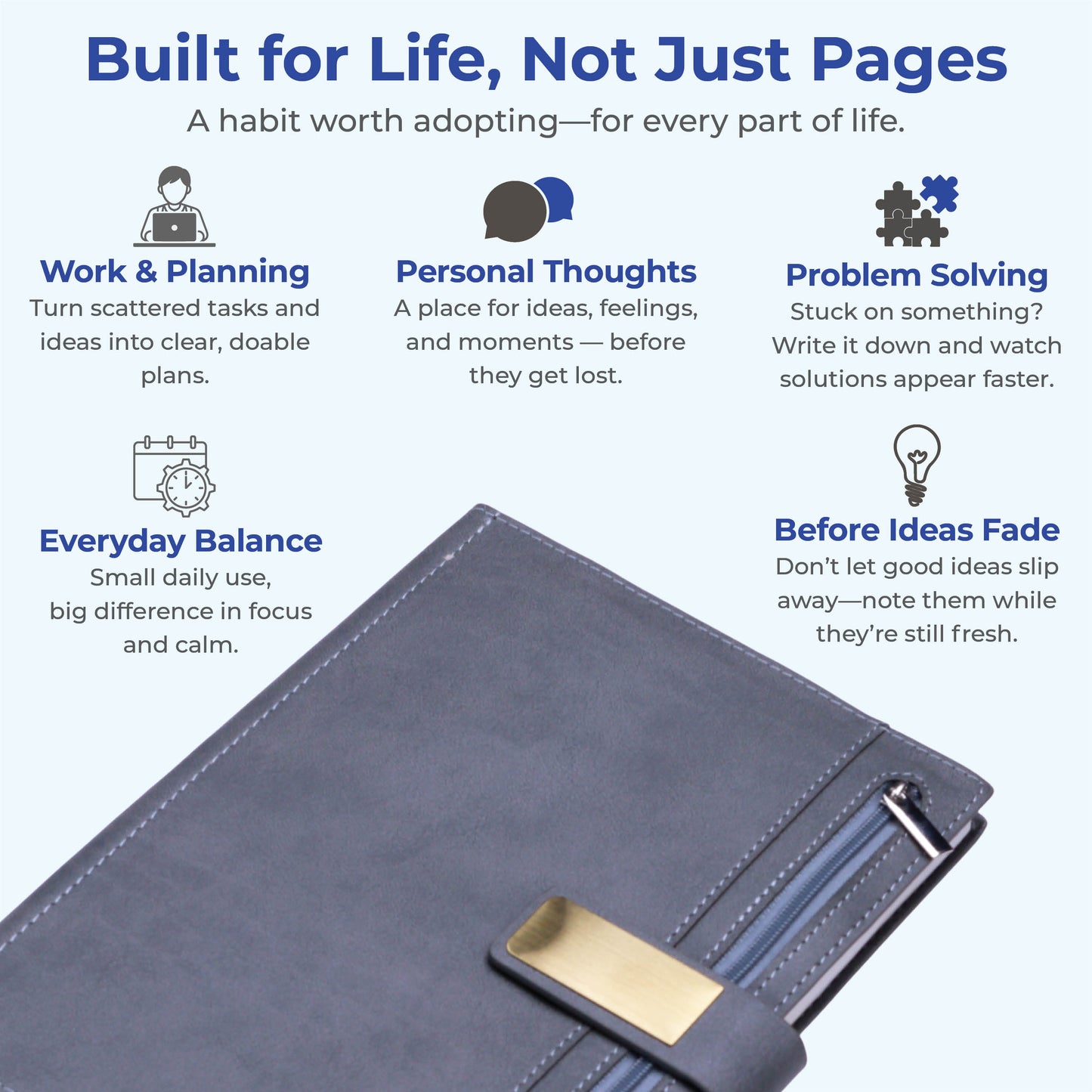 FOR U Elano A5 Zipper Pocket Blank Journal - Grey